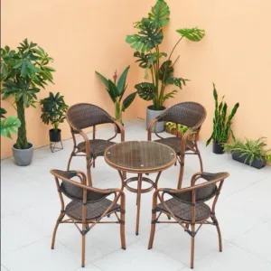 Modern Durable Outdoor Aluminum Alloy Panel Dining Table Stackable French Bistro Chairs Quick-Dry Cushion Patio Garden Courtyard