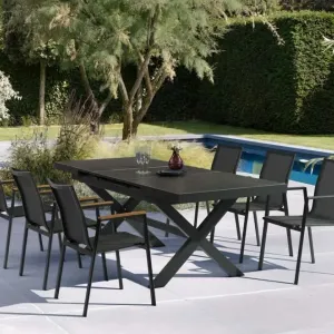 Modern Durable Outdoor Dining Furniture Set Wooden Color Extendable Table Sling Chair Aluminum Weather Resistant Bedroom Garden