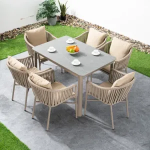 Modern Durable Outdoor Dining Table Set with Weatherproof Aluminum Frame and Stylish Rope Chairs for Garden Courtyard Use