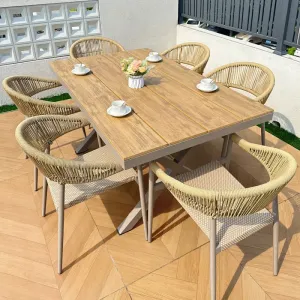 Modern Durable Outdoor Loran Patio Dining Set Plastic Wood Tabletop Aluminum Frame Rattan Back Chairs Fabric Cushions 6 Pieces