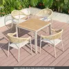 Modern Durable Outdoor Loran Patio Dining Set Plastic Wood Tabletop Aluminum Frame Rattan Back Chairs Fabric Cushions 6 Pieces
