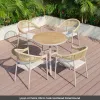 Modern Durable Outdoor Loran Patio Dining Set Plastic Wood Tabletop Aluminum Frame Rattan Back Chairs Fabric Cushions 6 Pieces