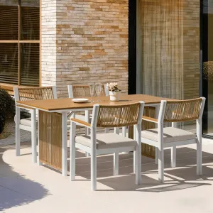 Modern Durable Outdoor Rattan Furniture Set with Aluminum Frame Chair Backrest Cushion Faux Wood Tabletop Rattan Legs