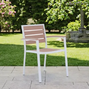 Modern Durable White Aluminum Frame Garden Chair Wood-Like Planks Backrest Seat Comfortable Outdoor Dining for Hotel Villa Use