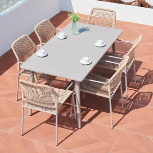 Modern Friends Family Gathering Dining Tables and Chairs Champagne Colored Carbon Steel Tables with Rattan Chairs