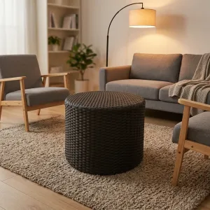 Modern Indoor and Outdoor Aluminum Frame Darwin Round Woven Rattan Small Side or Coffee Table with Garage Bedrooms and Bathrooms