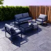 Modern Navy Blue Metal Frame Outdoor Patio Sofa Set with Grey Cushions Two Chairs Coffee Table All Weather Hotel Garden Use