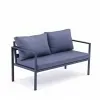 Modern Navy Blue Metal Frame Outdoor Patio Sofa Set with Grey Cushions Two Chairs Coffee Table All Weather Hotel Garden Use