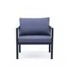 Modern Navy Blue Metal Frame Outdoor Patio Sofa Set with Grey Cushions Two Chairs Coffee Table All Weather Hotel Garden Use