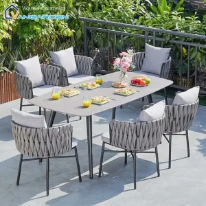 Modern Nordic Outdoor Garden Set Metal Woven Rope Chairs Stone Slab Table Courtyard Terrace Villa Leisure Sunshade 4-6 Seater