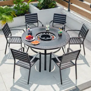 Modern Outdoor Aluminum Fire Pit Dining Set Electric Grill 6 Chairs Durable Weather-Resistant Park Patio Garden Furniture Set