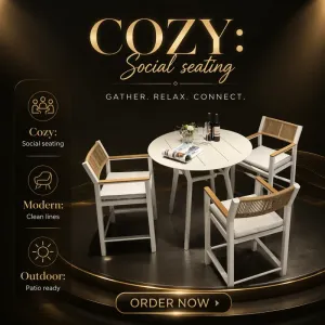 Modern Outdoor Bar Table and Chair Set Round Patio Dining Furniture Rope Woven Armchairs for Cafe Hotel Terrace