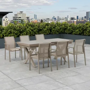 Modern Outdoor Dining Furniture Set Wooden Color Extendable Table Sling Chair Aluminum Weather Resistant Living Room 6 Seater