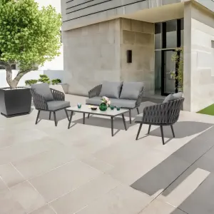 Modern Outdoor Dining Set Aluminum Wicker Frame Durable Ceramic Glass Table Top Weather Resistant Comfortable 4-Person Garden