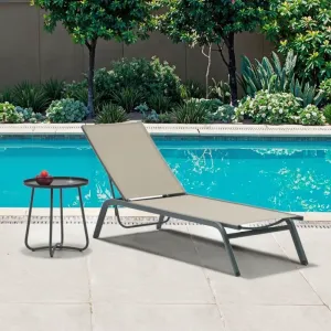 Modern Outdoor Pool Furniture Teslin Fabric Sun Lounger and Side Coffee Table Set Durable UV Resistant for Villa Courtyard Use