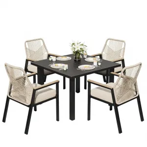Modern Patio Dining Set 5-Piece 4 Woven Rattan Chairs Waterproof Cushion 34.2 Square Metal Table Umbrella Hole Outdoor Backyard