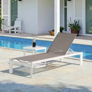 Modern Pool Outdoor Furniture Teslin Fabric Sun Lounger Side Coffee Table Set for Villa Park Courtyard Leisure-UV Resistant