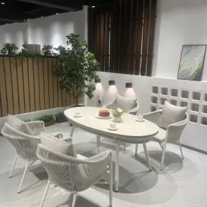 Modern Rattan Panel Beach Outdoor Dining Set with Aluminum Frame Waterproof Durable Hotel Park Use