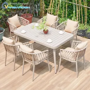 Modern Solid Wood Outdoor Furniture Table Chair Set. Aluminum Frame Woven Rope Waterproof Cushions Sun-resistant. Villa 3-year
