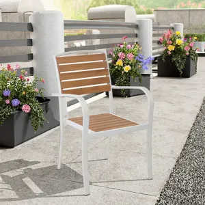 Modern Waterproof Durable Eco-Friendly Dining Chair White Aluminum Frame Champagne-colored Faux Wood Backrest Curved Armrests