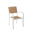 Modern Waterproof Durable Eco-Friendly Dining Chair White Aluminum Frame Champagne-colored Faux Wood Backrest Curved Armrests