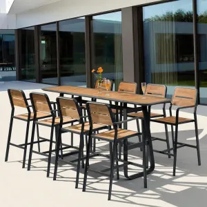 Modern Waterproof and Sunproof 4 to 8 Person Indoor and Outdoor Plastic Wood Aluminum Alloy Bar Stool Table Dining Set