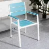 Modern White Aluminum Frame Chair with Blue Poly Wood Slatted Backrest and Armrests for Outdoor and Living Room Dining Use