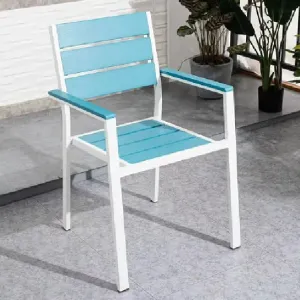 Modern White Aluminum Frame Chair with Blue Poly Wood Slatted Backrest and Armrests for Outdoor and Living Room Dining Use