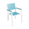 Modern White Aluminum Frame Chair with Blue Poly Wood Slatted Backrest and Armrests for Outdoor and Living Room Dining Use