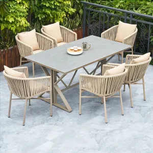 Modern 6-Seater Weatherproof Outdoor Patio Dining Table Set Rope Design Aluminum Furniture for Garden Courtyard Use 2-Year