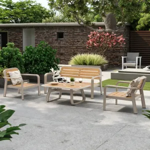 Outdoor 4 Seat Sofa Set Aluminum Frame Plastic Wood Planks Modern Customizable Cushions Durable Waterproof Rust Proof Courtyard