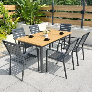 VANGARDEN Durable Modern Rectangular Letter-shaped Aluminum Dining Table 6-Person All-Aluminum Chairs Outdoor Garden Dining Set
