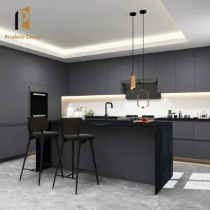 Apartment Plywood Black Lacquer Custom Modular Modern Kitchen Cabinets with Laminate Resin Countertops and Drawer Basket