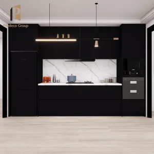 Black Display Small MDF Modern Modular Kitchen Remodel Cabinets Wood Lacquer Custom Furniture Laminate Resin Countertop Faucet