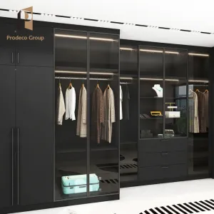 Black Glass Modern Luxury Wardrobe Closet with MDF Doors for Bedroom and Villa Use