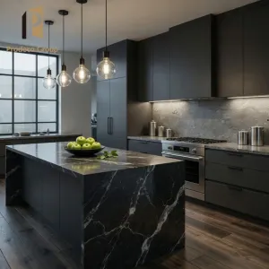 Black High End Townhouse Project Wood Veneer Kitchen Cabinet Modern Complete Set Home Kitchen Furniture Kitchen Cabinets