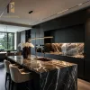 Black Light Luxury Townhouse Project Melamine Island Kitchen Cabinet Modern Complete Set with Marble Countertop