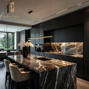 Black Light Luxury Townhouse Project Melamine Island Kitchen Cabinet Modern Complete Set with Marble Countertop