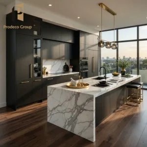 Black Light Luxury Townhouse Project Wood Veneer Shaker Modern Island Kitchen Cabinet Set with Full Design for Small Kitchen