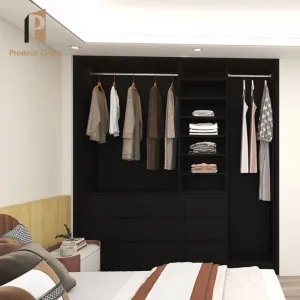 Built in Black Solid Wood Modern Bedroom Wardrobe with MDF Doors for Villa Storage