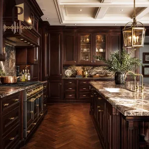 Cherry Wood Solid Wood Kitchen Cabinet Dark Finish Modern Luxury Villa Custom Construction Kitchen Cabinets