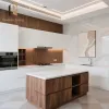 Custom Laminate Marble Wood Kitchen Cabinet Set PVC Modular Design Modern Kitchen Cabinets Featuring Hinge Faucet Accessories