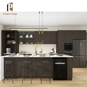 Custom Modern Modular Kitchen Storage Cabinets with Wood Veneer Walnut Finish Sink Faucet Hinge for Apartment Use-Eco-Friendly