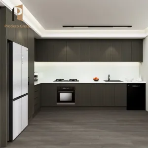 Custom Modular Kitchen Cabinet with Wood Veneer and Melamine Finish Marble Resin Countertop Faucet Drawer Basket Accessories