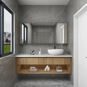 Designer Floating Modern Bathroom Vanity Cabinet with Water Resistant Melamine for Apartment and Villa Wall Mount Installation