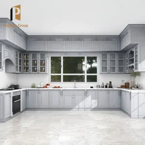European Style Modern Luxury Grey Custom Modular Kitchen Cabinets Shakers Melamine Laminate Resin Countertop Faucet