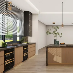 Foshan Luxury Black Modular Kitchen Cabinets with Laminate and Marble Countertops Modern Design for Villa