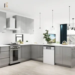 Gray Black Lacquer Modern Kitchen Cabinets Particleboard Construction Drawer Basket-Eco-friendly Modular Kitchen Furniture Stock
