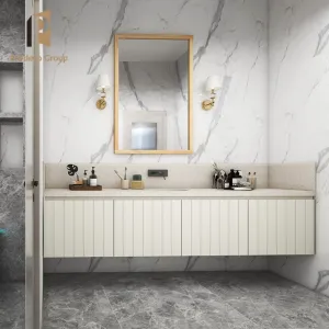 Guangdong 80inch Modern Floating Stainless Steel Melamine Board Wall-Mounted Bathroom Vanity Cabinet with Ceramic Sink