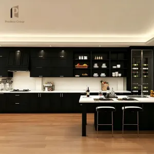 High End Black Italian Modern Shaker Modular Kitchen Cabinets with Marble Resin Countertop and Drawer Basket